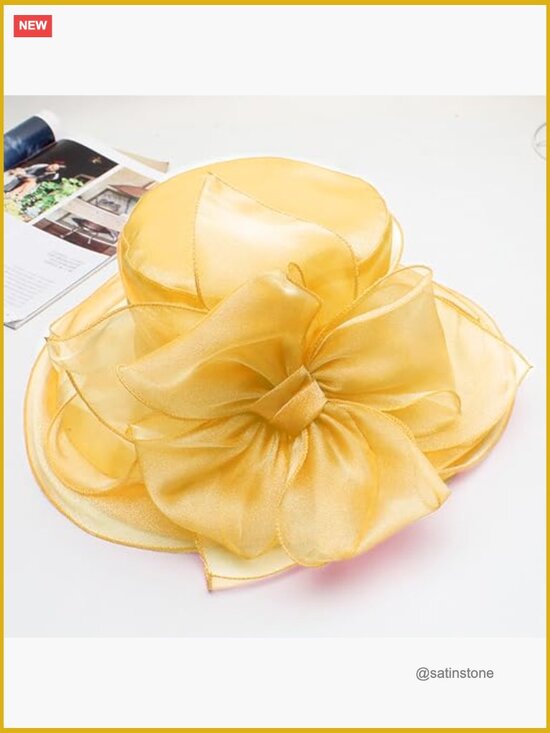Organza Wide Brim Derby Hat with Flower Fascinator for Tea Party Wedding main image 5